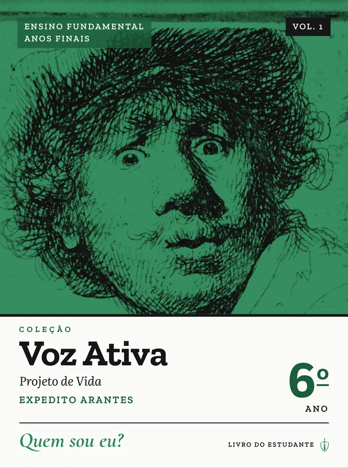 Capa do livro do 6º ano, verde com o autorretrato de Rembrandt.
