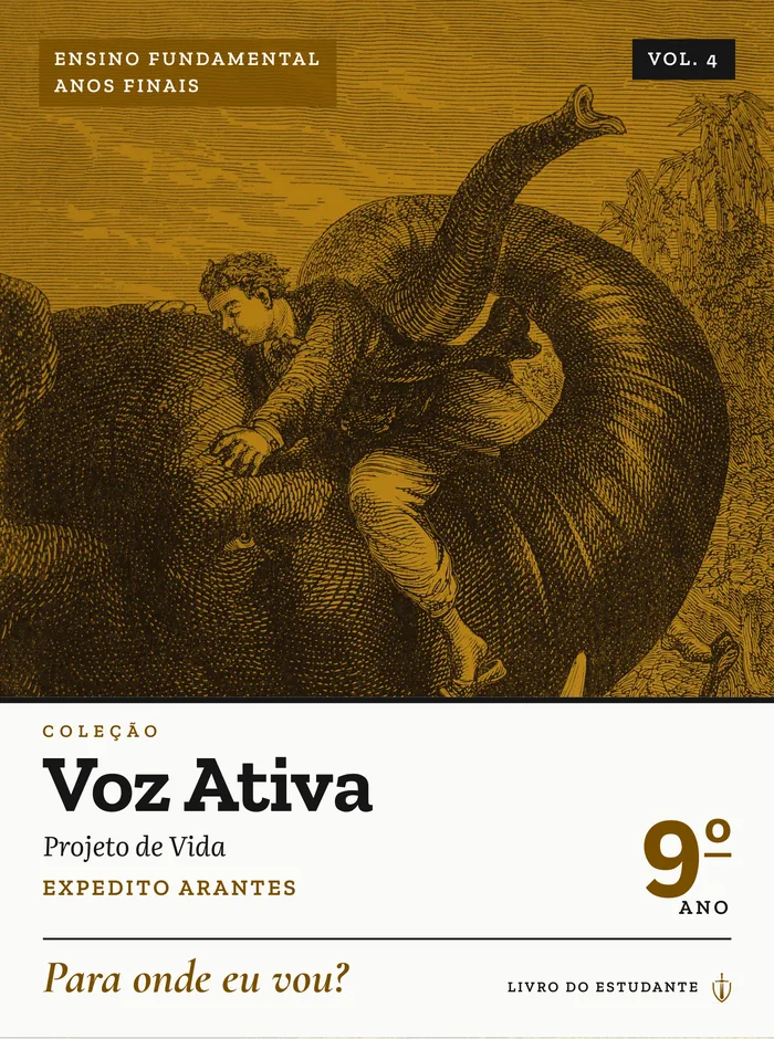 Capa do livro do 9º ano, âmbar com Passepartout e o elefante, de A volta ao mundo em 80 dias.