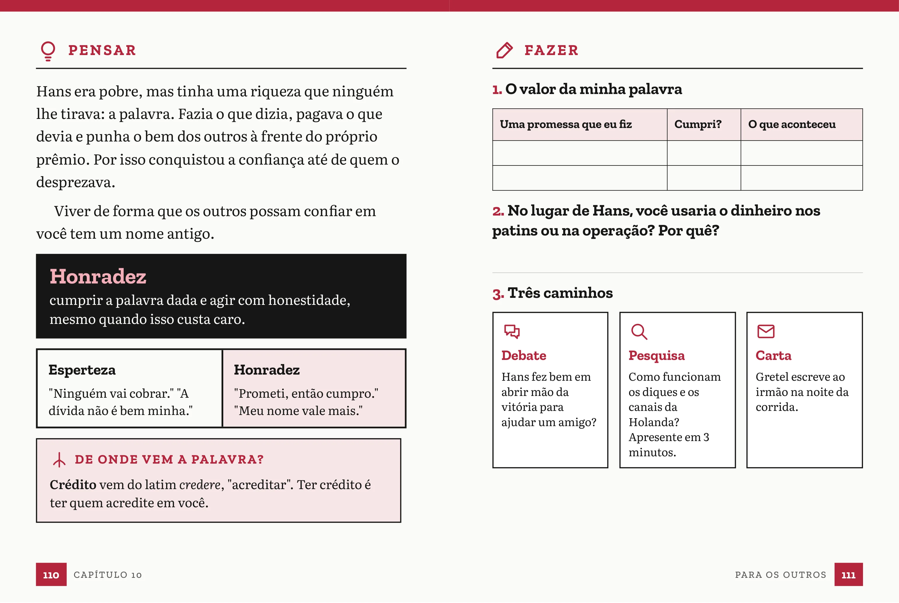 Páginas Pensar e Fazer do capítulo Hans Brinker, com a virtude da honradez e os Três caminhos.