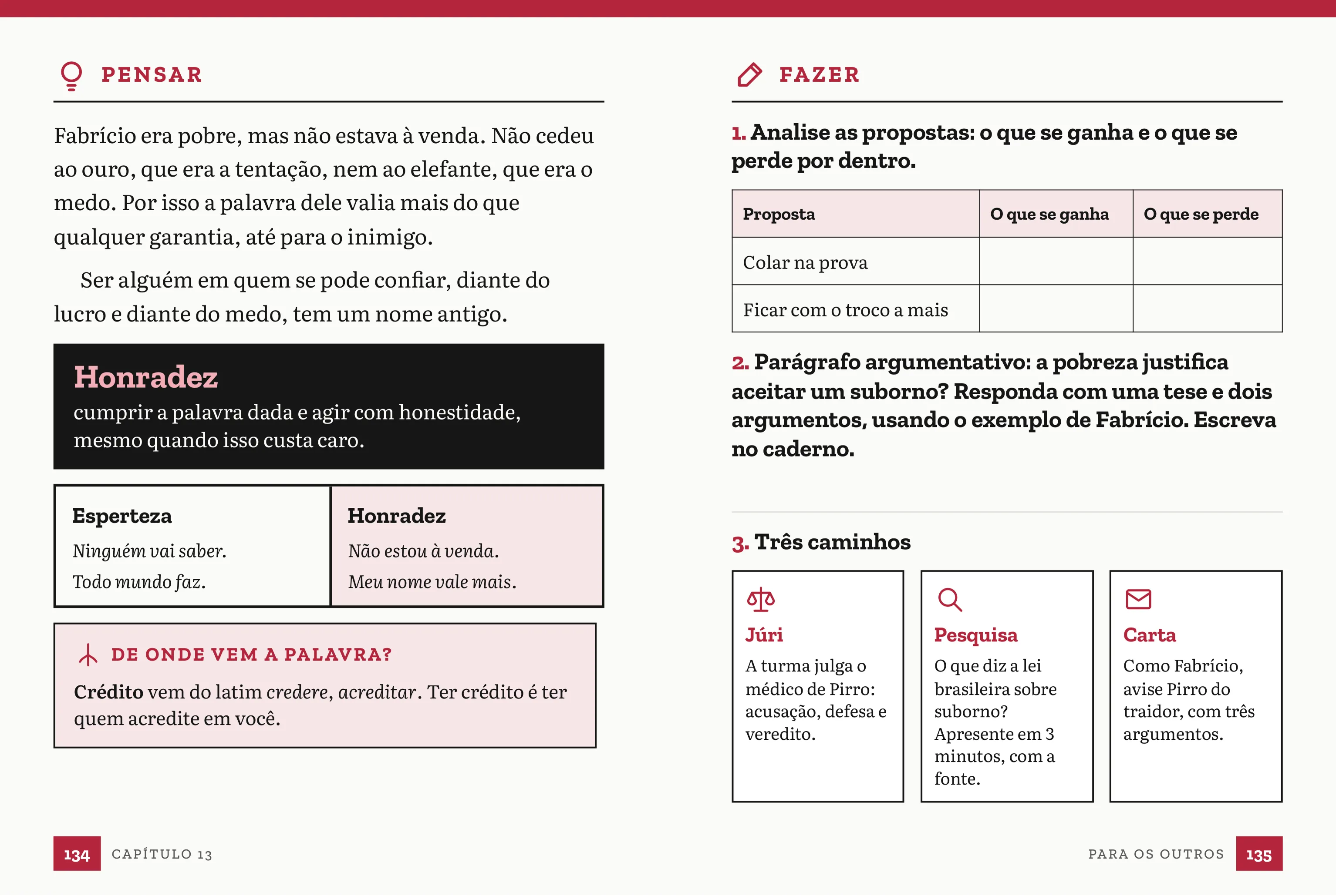 Páginas Pensar e Fazer do capítulo Fabrício e o ouro de Pirro, de Plutarco, com a virtude da honradez e os Três caminhos.