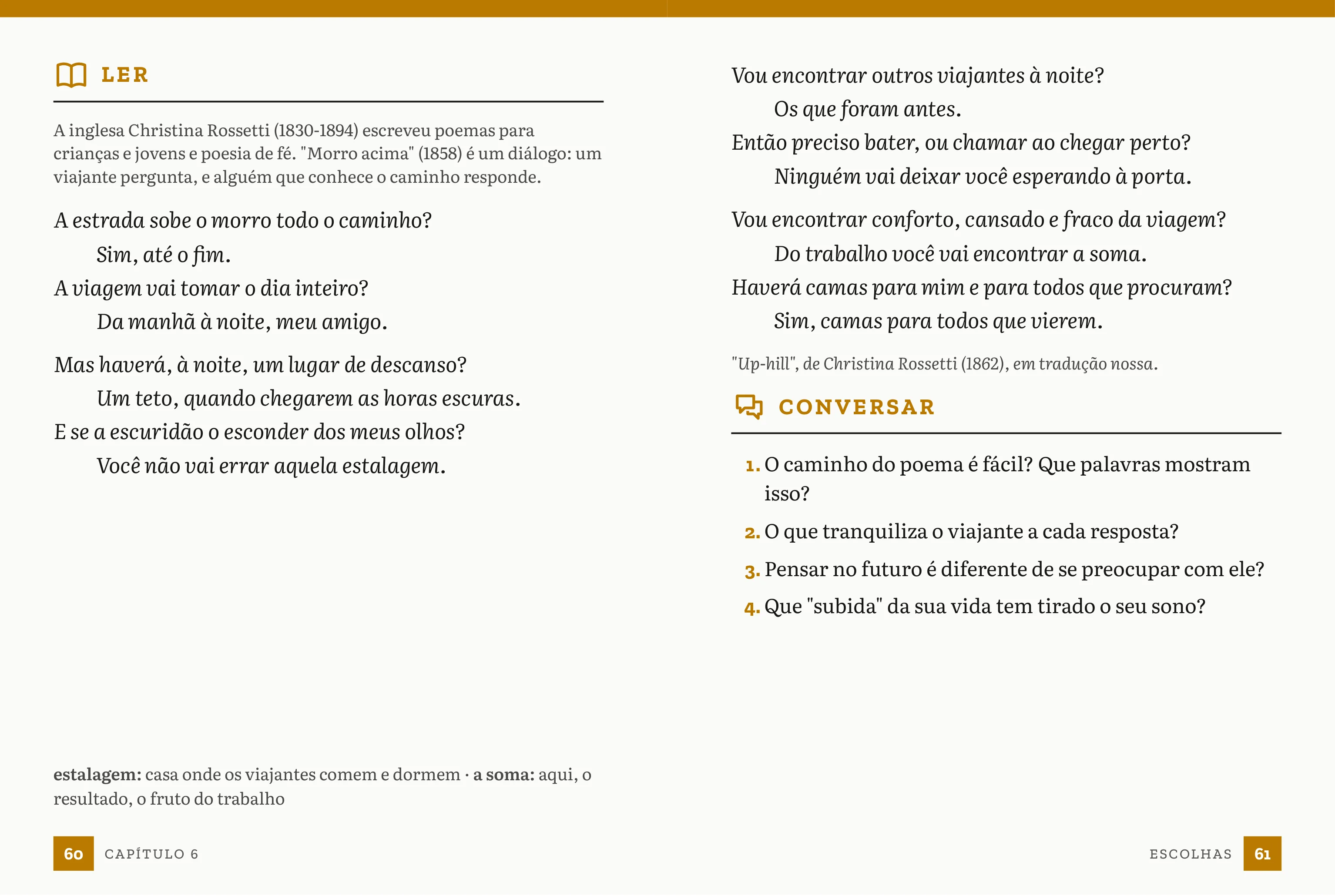 Páginas de leitura com o poema Morro acima, de Christina Rossetti, e as perguntas do Conversar.